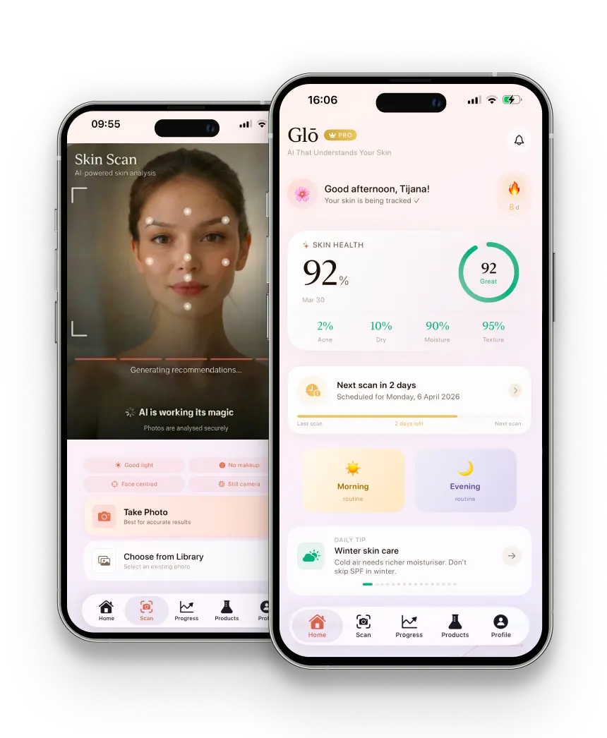 Glō AI skincare app home screen showing skin score and personalised routine