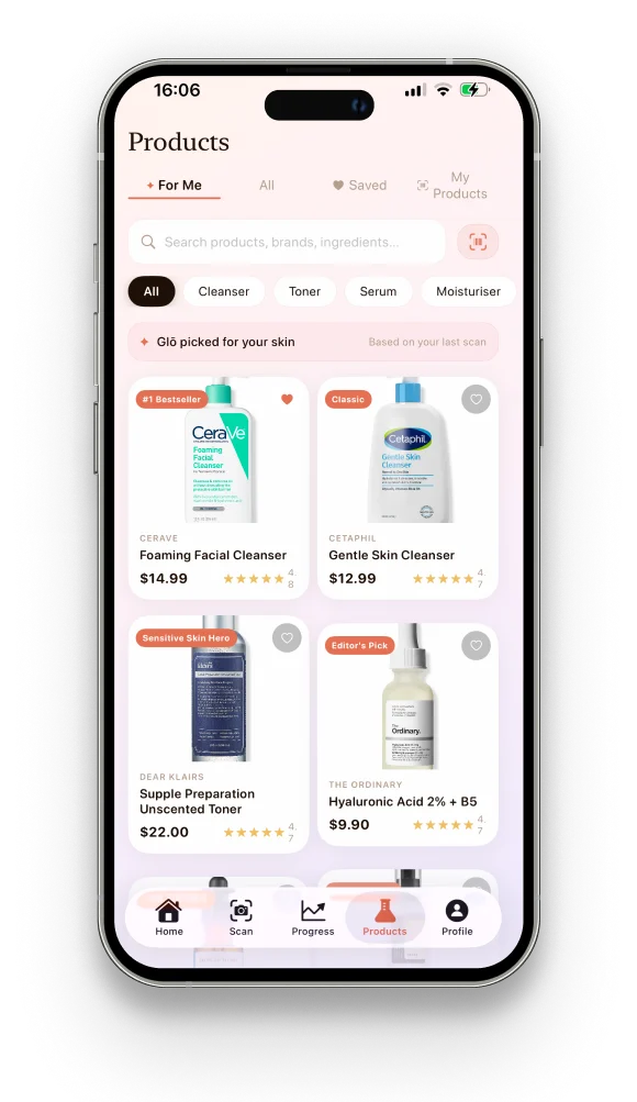 Glō personalised skincare product recommendations matched to your skin type