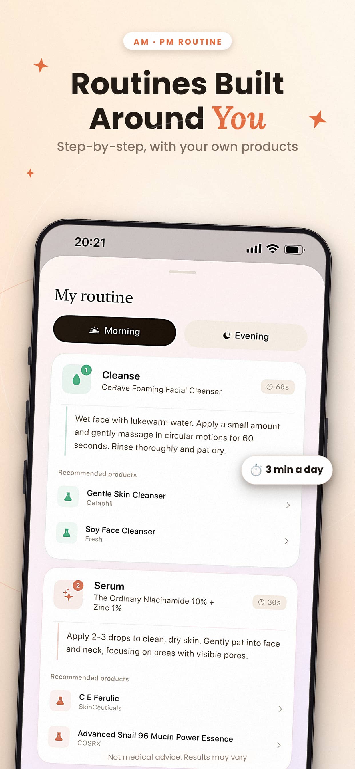 Glō personalised AM and PM routines with step-by-step instructions